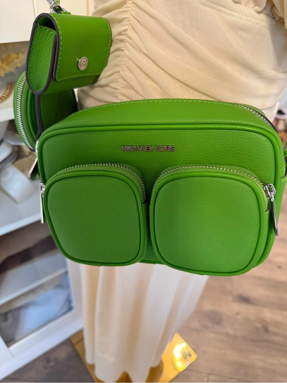 Michael Kors Apple Green Pebble Leather Crossbody Camera Bag with Branded Strap